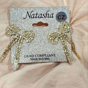 NATASHA CZ Diamond Bow Dangle Earrings Crystal Gold Tone NWT